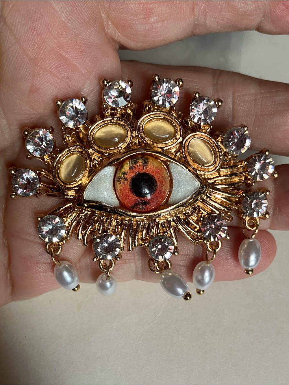 New Gold-Tone Orange Red Eye Statement Brooch with Crystal & Pearl Drops